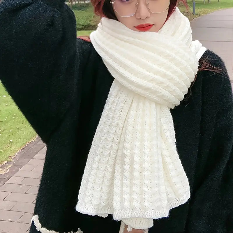 Thea Elegant Knitted Scarf in White – Luxurious, Thick, Stretchy, Breathable, Soft